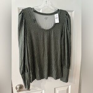 Pretty NEW LOFT Olive and White Dot Design Puffed Long Sleeve Blouse Size Small